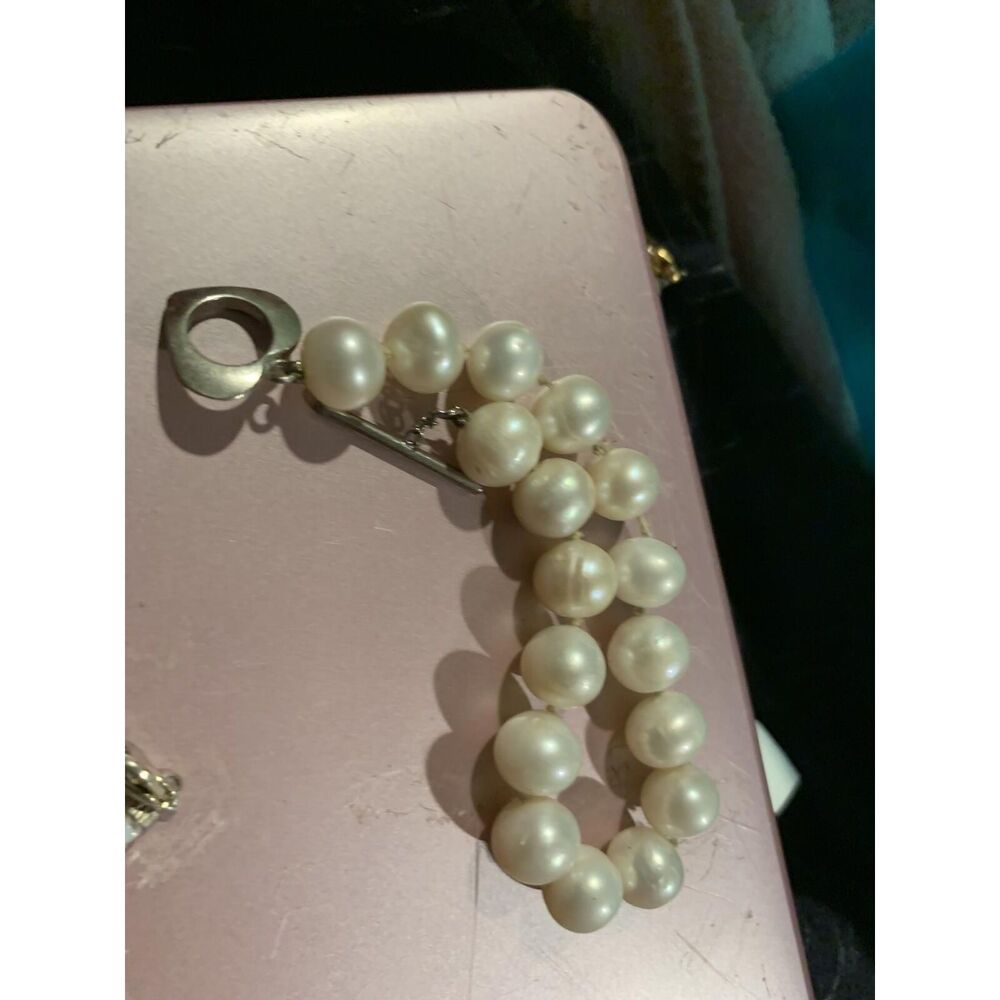 Classic Pearl Beaded Bracelet Silver Heart Toggle Clasp White Bridal Jewelry